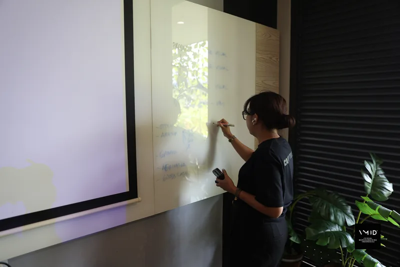 A facilitator writing notes on a whiteboard beside the projection screen — CAMP 2023