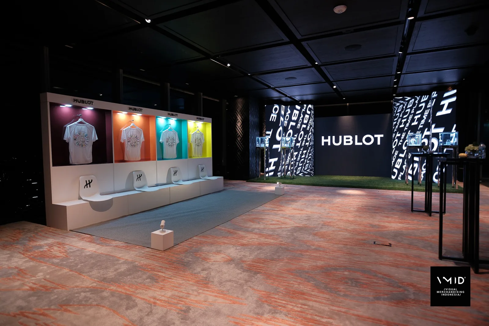 Hublot FIFA final screening visual point at Park Hyatt Jakarta — a dark branded viewing space lit around the watch display
