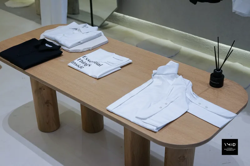 A pale timber table set with a folded black shirt, a white shirt laid flat, a stack of whites, a printed tee and a reed diffuser — Masshiro&Co., 2022